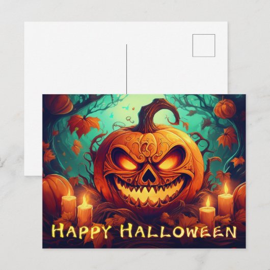 Pompoen met eng gezicht tussen kaarsen, Halloween Feestdagenkaart (Voorkant / Achterkant)
