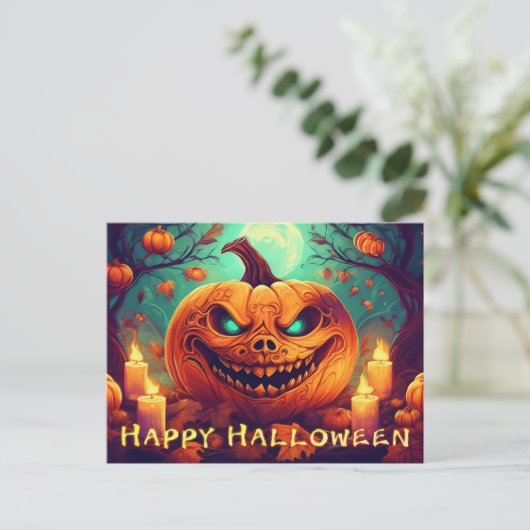 Pompoen met eng gezicht tussen kaarsen, Halloween Feestdagenkaart (Staand voorkant)