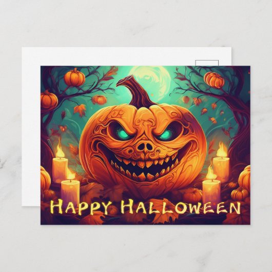 Pompoen met eng gezicht tussen kaarsen, Halloween Feestdagenkaart (Voorkant / Achterkant)