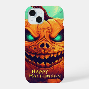 Pompoen met eng gezicht tussen kaarsen, Halloween iPhone 15 Case