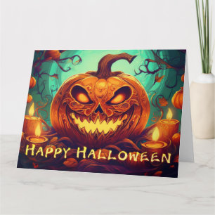 Pompoen met eng gezicht tussen kaarsen, Halloween Kaart