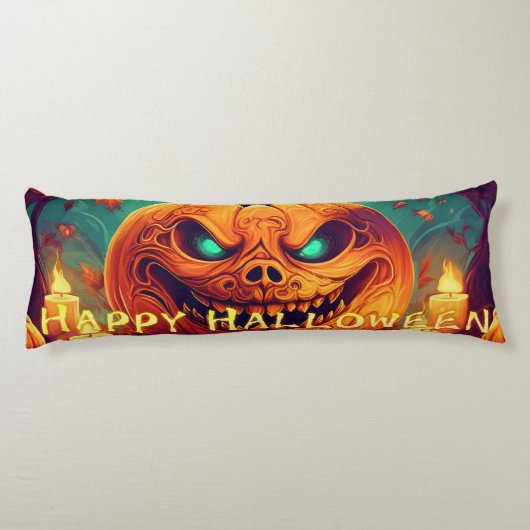 Pompoen met eng gezicht tussen kaarsen, Halloween Lichaamskussen (Achterkant)