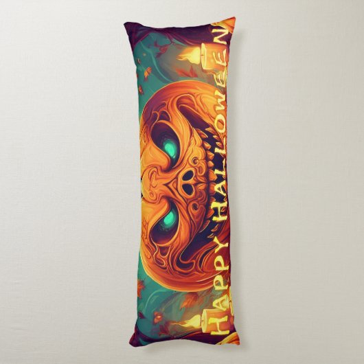 Pompoen met eng gezicht tussen kaarsen, Halloween Lichaamskussen (Achterkant (Verticaal))