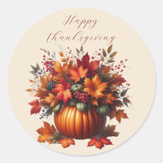 Pompoen met Fall Leaves-Happy Thanksgiving Ronde Sticker (Voorkant)