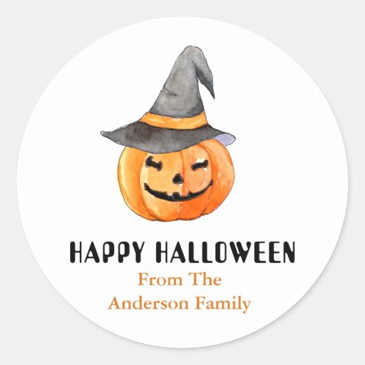 Pompoen met heks pet Halloween Ronde Sticker (Voorkant)