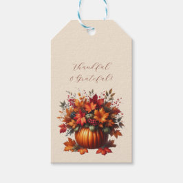 Pompoen met herfstbladeren - dankbaar en dankbaar cadeaulabel