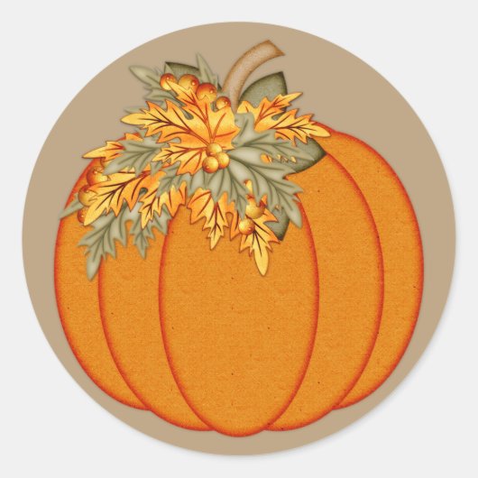 Pompoen met Oranje herfstbladeren Ronde Sticker (Voorkant)