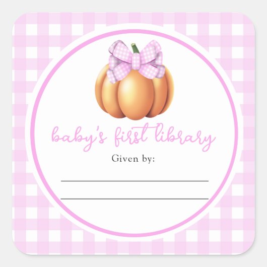 Pompoen met roze strik - Baby's First Library Vierkante Sticker (Voorkant)