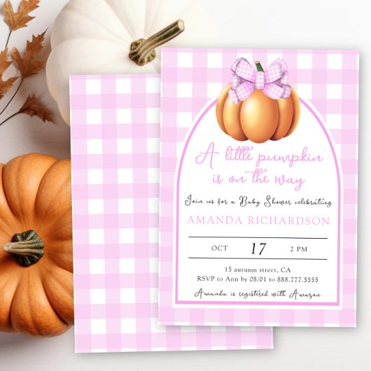 Pompoen met roze strik boog babyshower kaart