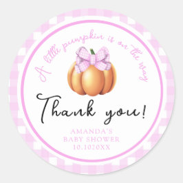 Pompoen met roze strik dank u baby shower ronde sticker