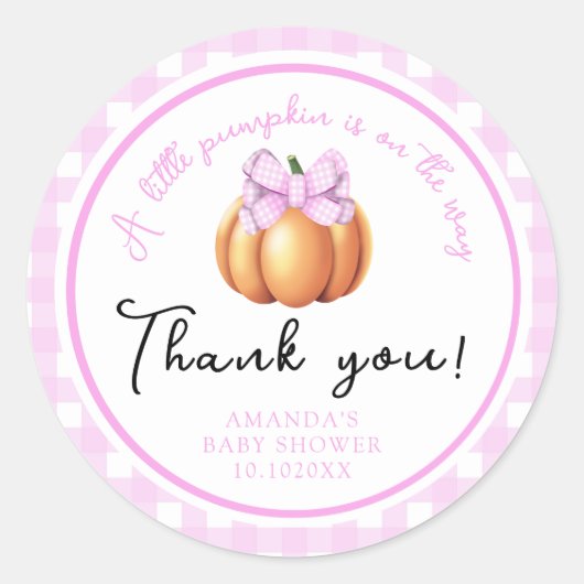 Pompoen met roze strik dank u baby shower ronde sticker (Voorkant)