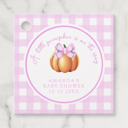 Pompoen met roze strik in kooi baby shower bedankjes labels (Voorkant)