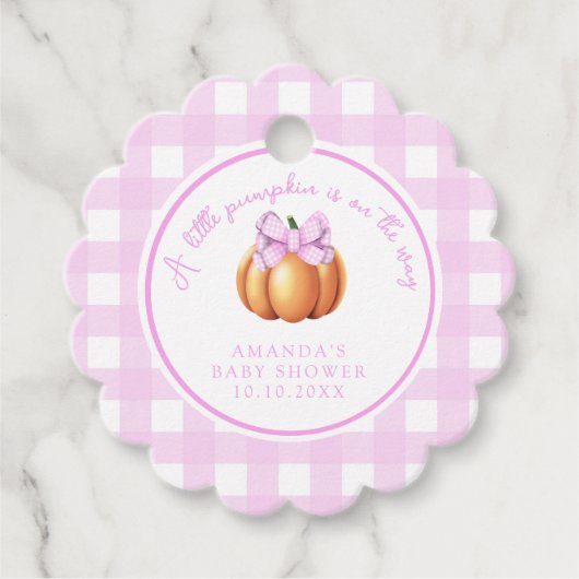 Pompoen met roze strik in kooi baby shower bedankjes labels (Voorkant)