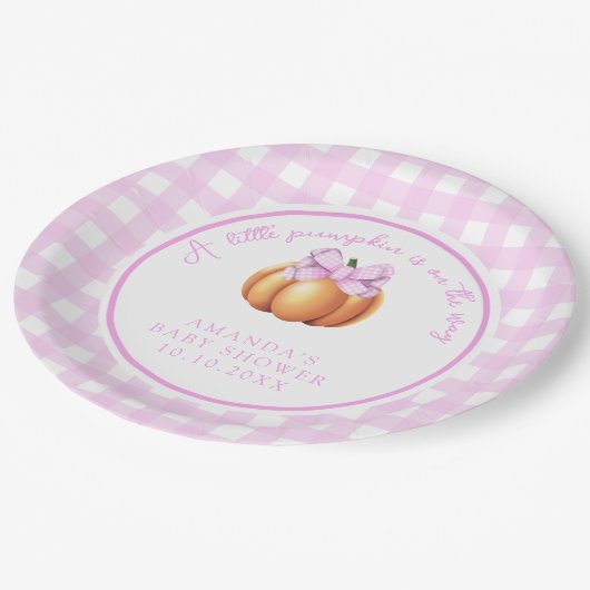 Pompoen met roze strik in kooi baby shower papieren bordje (Gekanteld)