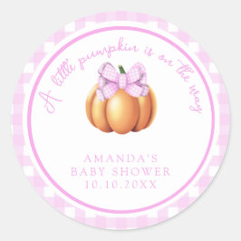 Pompoen met roze strik in kooi baby shower ronde sticker