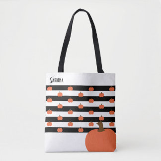 Pompoen met witte & zwarte strepen - gepersonalise tote bag