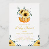 Pompoen met zonnebloemen Rustisch Herfst Baby show Folie Uitnodiging (Voorkant)
