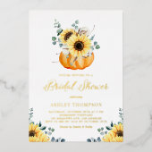 Pompoen met zonnebloemen Rustisch Herfst Vrijgezel Folie Uitnodiging (Voorkant)
