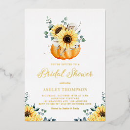 Pompoen met zonnebloemen Rustisch Herfst Vrijgezel Folie Uitnodiging