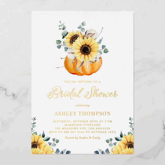 Pompoen met zonnebloemen Rustisch Herfst Vrijgezel Folie Uitnodiging (Voorkant)
