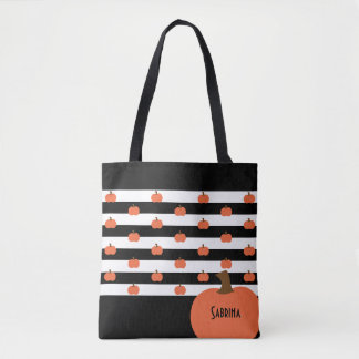 Pompoen met Zwarte & Witte Strepen - Gepersonalise Tote Bag
