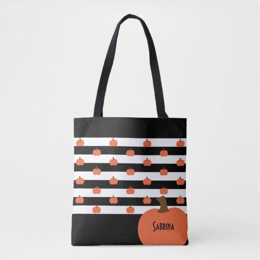 Pompoen met Zwarte & Witte Strepen - Gepersonalise Tote Bag (Voorkant)