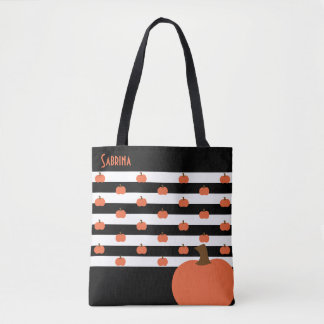 Pompoen met zwarte & witte strepen - gepersonalise tote bag