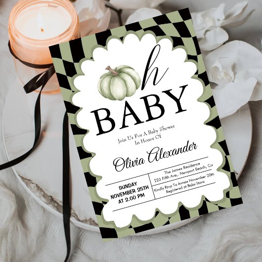 Pompoen Oh Baby Sage Green Geruit Baby shower Kaart
