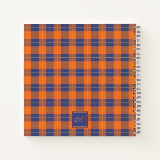 Pompoen Oranje Blauw Tartan Geruit Monogram Gebord Notitieboek (Achterkant)