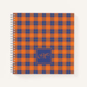 Pompoen Oranje Blauw Tartan Geruit Monogram Gebord Notitieboek (Voorkant)