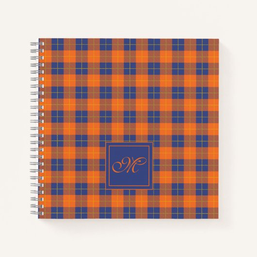 Pompoen Oranje Blauw Tartan Geruit Monogram Gebord Notitieboek (Voorkant)