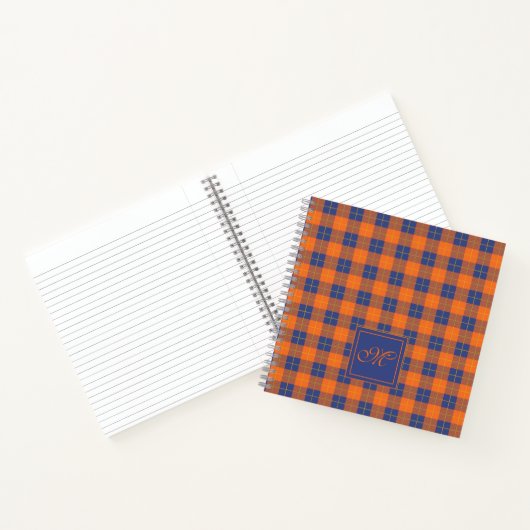 Pompoen Oranje Blauw Tartan Geruit Monogram Gebord Notitieboek (Binnen)