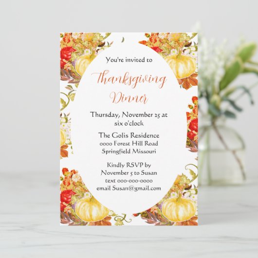 Pompoen Oranje Bloemen Thanksgiving Dinner  Kaart (Staand voorkant)