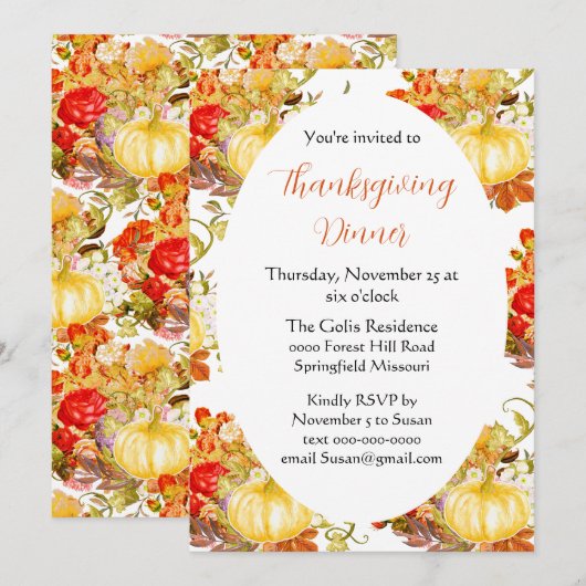 Pompoen Oranje Bloemen Thanksgiving Dinner Kaart (Voorkant / Achterkant)