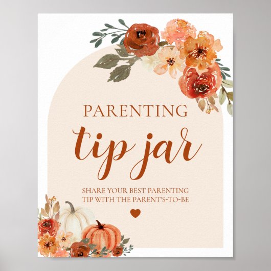 Pompoen Ouderschap Tip Jar Advies Sign Baby shower Poster (Voorkant)