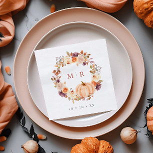 Pompoen & Paarse Bloemenkrans Monogram Bruiloft Servet