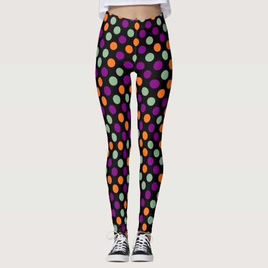 Pompoen, Paarse, groene en zwarte kleur Polka Dots Leggings (Voorkant)