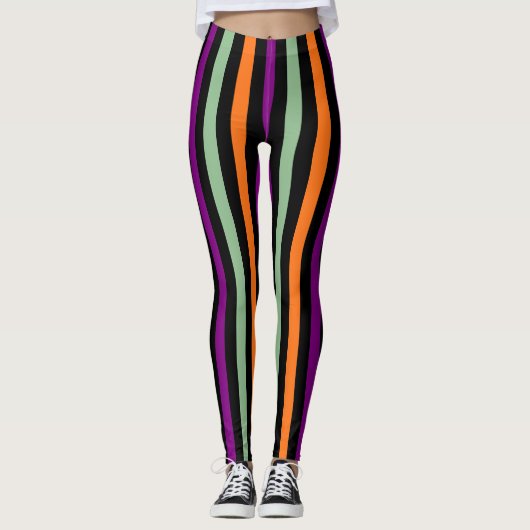 Pompoen, Paarse, groene en zwarte Vert. Stripes Leggings (Voorkant)