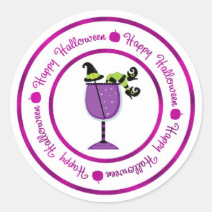 Pompoen & Paarse Heks Cocktail Gelukkig Halloween Ronde Sticker
