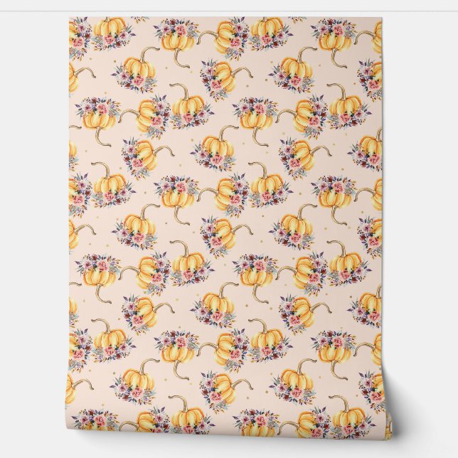 Pompoen pastel perzik goud polka dot florale herfs behang (Afrollen)