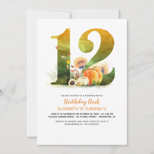Pompoen Patch 12 Verjaardag Bash Herfst Uitnodigin Kaart (Voorkant)