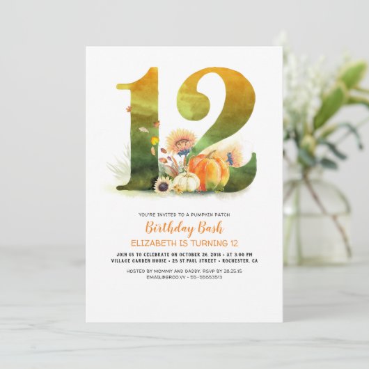 Pompoen Patch 12 Verjaardag Bash Herfst Uitnodigin Kaart (Staand voorkant)