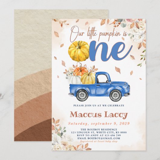 Pompoen Patch Boy 1e Verjaardag Blue Truck Kaart (Voorkant / Achterkant)