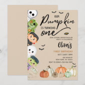 Pompoen Patch Halloween 1e verjaardag uitnodiging (Voorkant / Achterkant)