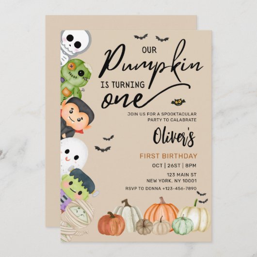 Pompoen Patch Halloween 1e verjaardag uitnodiging (Voorkant / Achterkant)