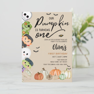 Pompoen Patch Halloween 1e verjaardag uitnodiging
