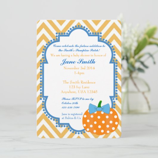 Pompoen Patch Theme Boy Baby shower Uitnodiging (Staand voorkant)