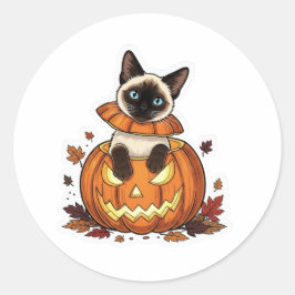 Pompoen Peek Siamese – Schattigee Halloween Siames Ronde Sticker