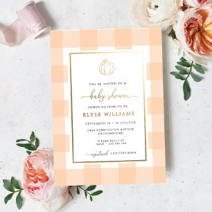Pompoen Perzik Gingham Baby Shower Folie Uitnodigi Uitnodiging
