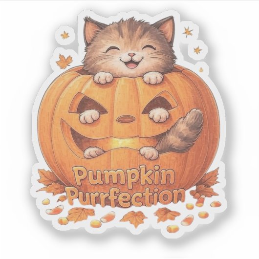 Pompoen Purrfection - Schattigee Halloween Cat Vin Sticker (Voorkant)